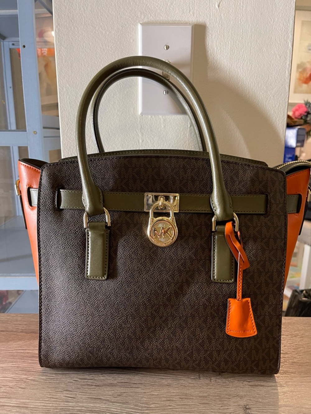 Michael Kors Brown Logo Satchel with Olive and Orange Accents